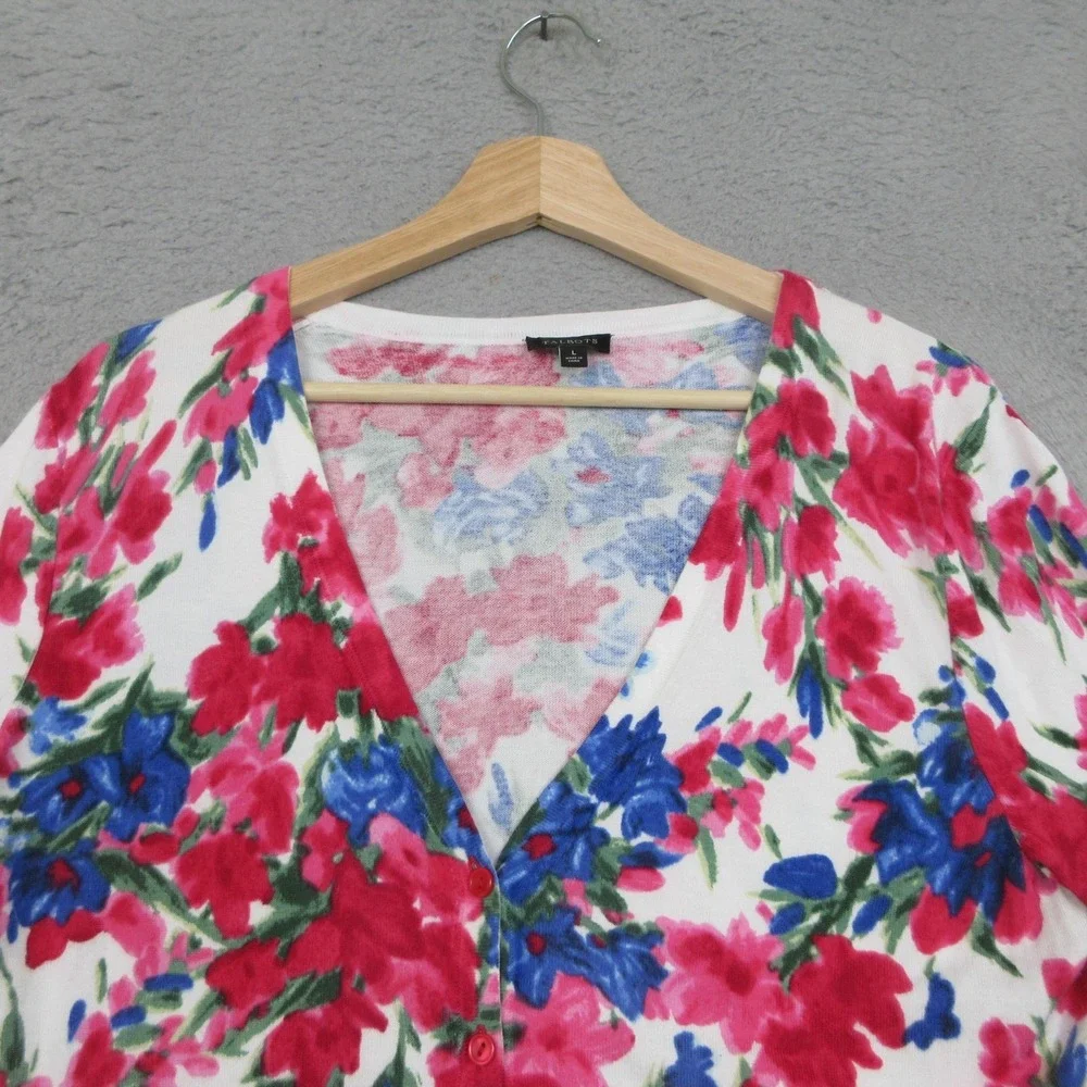 Talbots Cardigan Sweater Womens Large Multicolor‎ Floral V Neck Short Sleeve
